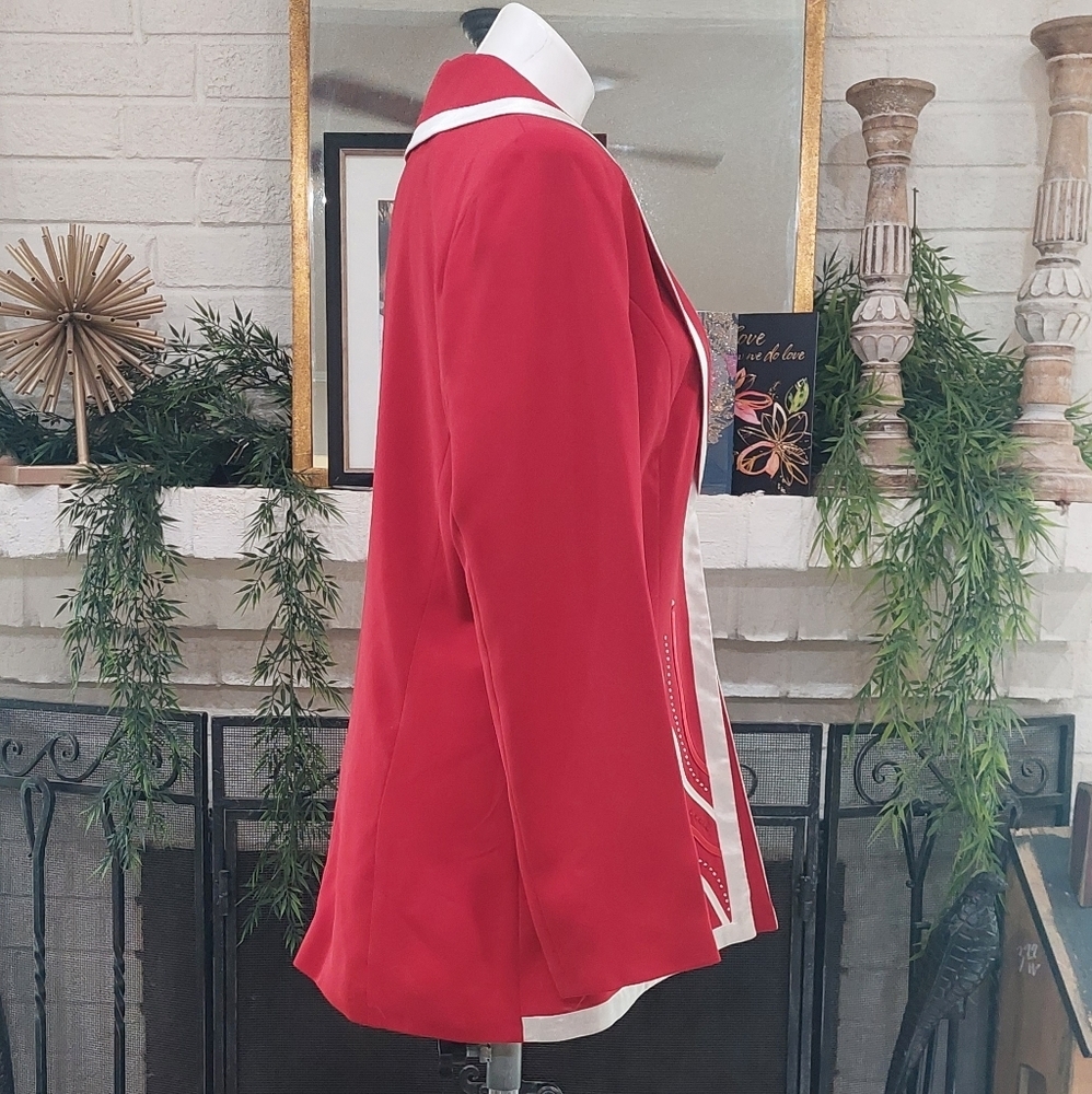 Elegant Red Blazer with White Trim & Rhinestone Detail Chic Statement Jacket NEW - Picture 5 of 12